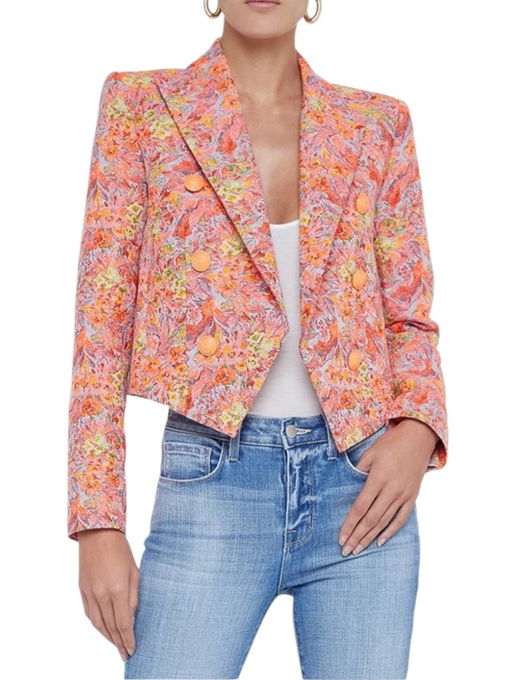 NWT L'AGENCE Orange Floral Lila Cropped Boxy Blazer, 8